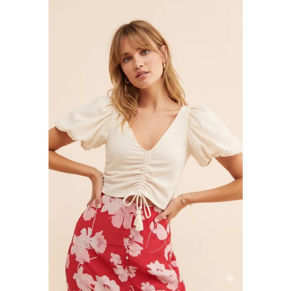 ESPECIA Anthropologie - Cream Ruched Puff Sleeve Tassel Crop Top - XS